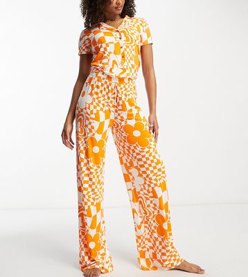 ASOS DESIGN Tall Exclusive viscose floral checkerboard shirt & pants pajama set in orange
