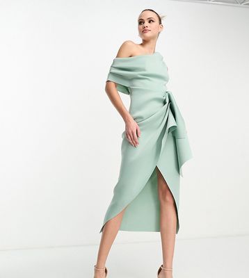 ASOS DESIGN Tall fallen shoulder manipulated tuck body-conscious midi dress in frosty sage-Green