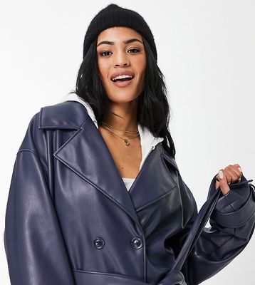 ASOS DESIGN Tall faux leather oversized trench in navy-Black
