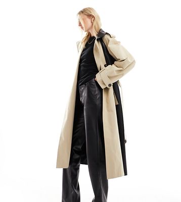 ASOS DESIGN Tall faux leather spliced trench coat in stone and black-Neutral