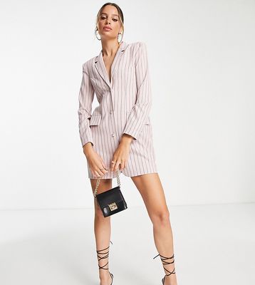 ASOS DESIGN Tall fitted blazer mini dress with shoulder pads in pink pinstripe-Multi