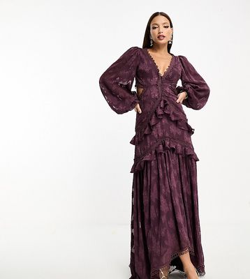 ASOS DESIGN Tall floral jacquard cut out midi dress in wine-Red
