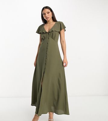 ASOS DESIGN Tall flutter sleeve midi tea dress with buttons in khaki-Green