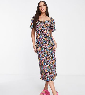 ASOS DESIGN Tall flutter sleeve midi tea dress with tie detail in black bright floral-Multi