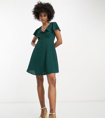 ASOS DESIGN Tall flutter sleeve mini tea dress with buttons in bottle green