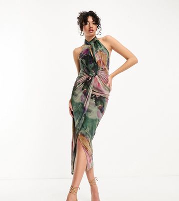 ASOS DESIGN Tall halter neck bodycon mesh midi dress in green floral print-Multi