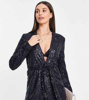ASOS DESIGN Tall jersey sequin suit wrap blazer in midnight navy