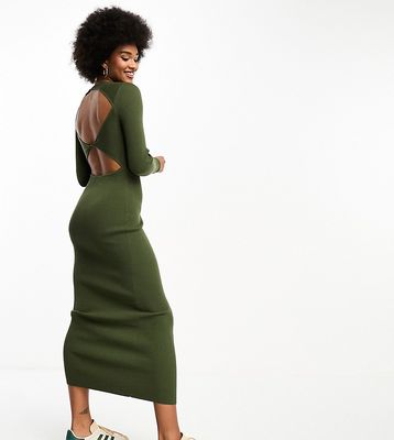 ASOS DESIGN Tall knit midi dress with cut-out back detail in khaki-Green