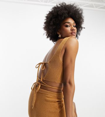 ASOS DESIGN Tall knitted crop top with tie back in textured yarn in camel -part of a set-Neutral