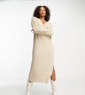 ASOS DESIGN Tall knitted maxi sweater dress with v neck in oatmeal-Neutral