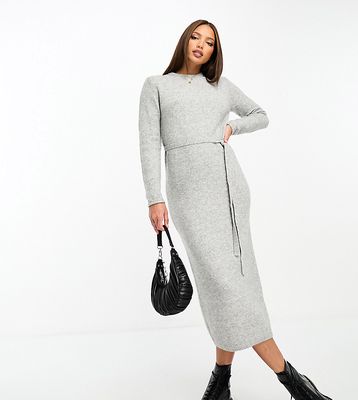 ASOS DESIGN Tall knitted midi dress with tie waist in gray