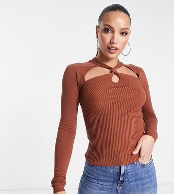 ASOS DESIGN Tall knitted top with knot front and cut out detail in brown