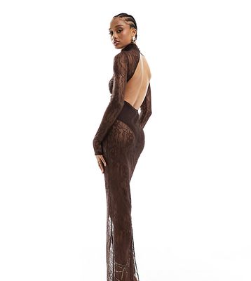 ASOS DESIGN Tall lace overlay body maxi dress in chocolate-Multi
