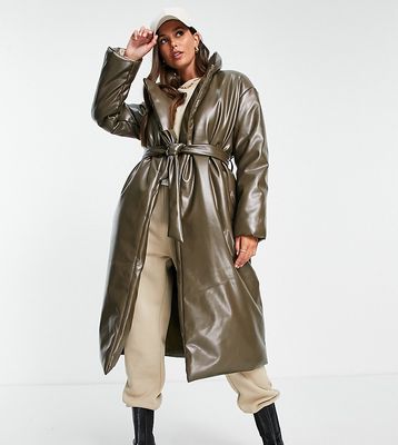 ASOS DESIGN Tall leather look longline puffer coat with belt in brown - BROWN