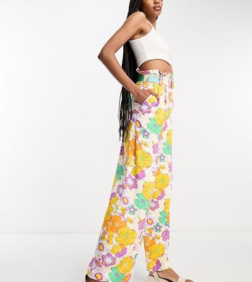 ASOS DESIGN Tall linen oversized floral printed paperbag waist wide leg pants in multi