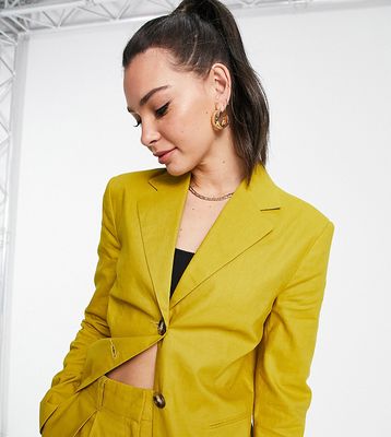 ASOS DESIGN Tall linen slim straight suit blazer in golden palm-Green