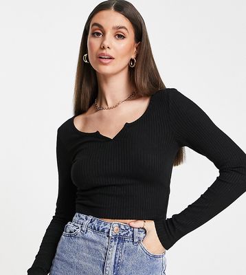 ASOS DESIGN Tall long sleeve ribbed top with notch neck in black heather