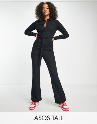 ASOS DESIGN Tall long sleeve twill boilersuit with collar in black