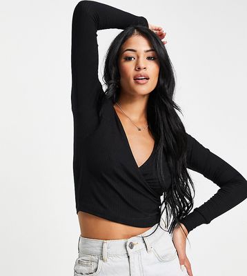 ASOS DESIGN Tall long sleeve wrap front crop top in black