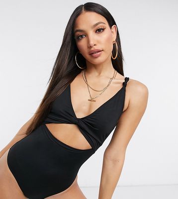 ASOS DESIGN Tall loop front swimsuit with knot in black