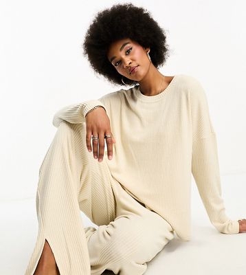 ASOS DESIGN Tall lounge soft touch ribbed sweatshirt & pants set in cream-White