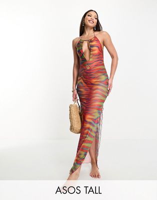 ASOS DESIGN Tall mesh maxi beach skirt in heatmap zebra print-Multi