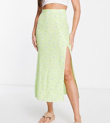 ASOS DESIGN Tall midi slip skirt with thigh split in lime floral print-Multi
