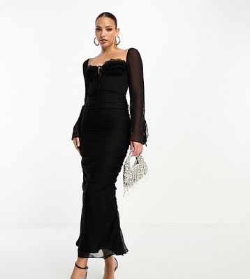 ASOS DESIGN Tall milkmaid ruffle corset detail midi dress in black