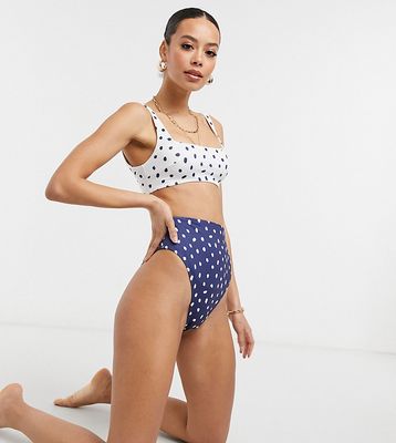 ASOS DESIGN tall mix and match high leg high waist bikini bottom in navy polka dot spot-Multi