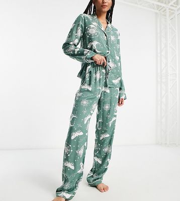 ASOS DESIGN Tall modal astrology shirt & pants pajama set in sage-Green