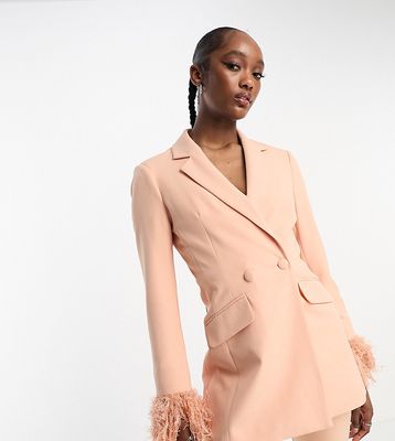 ASOS DESIGN Tall nipped waist tuxedo suit blazer with fringe cuff in apricot-No color