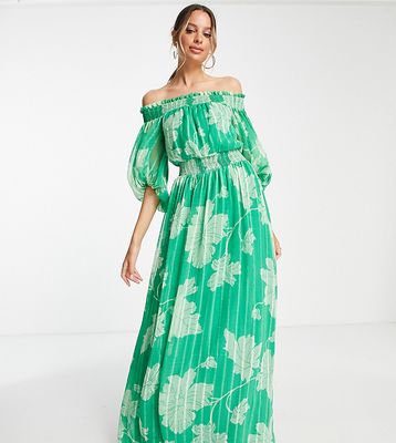 ASOS DESIGN Tall off-shoulder maxi dress with blouson sleeves in self stripe in meadow floral-Multi