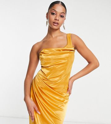 ASOS DESIGN Tall one shoulder satin drape corset detail midi dress in gold-Yellow