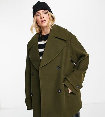 ASOS DESIGN Tall pea coat in khaki-Green