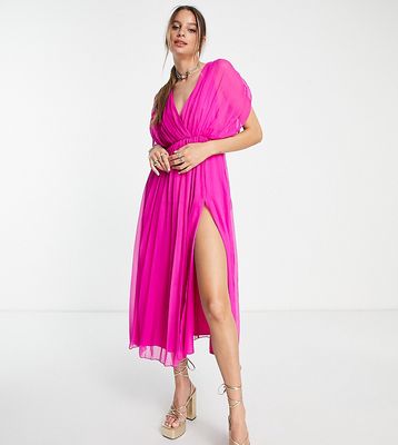ASOS DESIGN Tall pleated wrap front midi dress in magenta-Pink