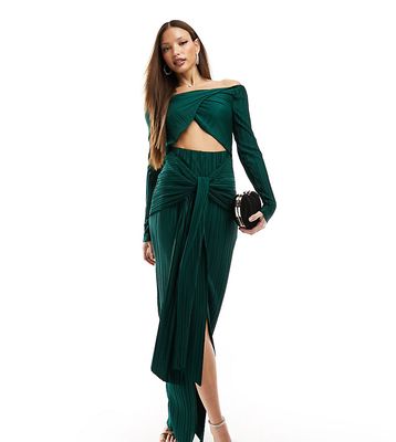 ASOS DESIGN Tall plisse bardot twist front midi dress in forest green