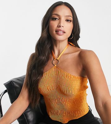 ASOS DESIGN Tall plisse halter neck crop top with ring detail and lace up back in orange