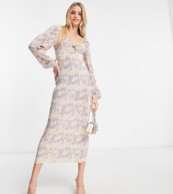 ASOS DESIGN Tall plisse long sleeve bust detail midi dress in blue ditsy floral-Multi