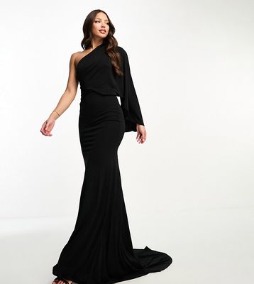 ASOS DESIGN Tall premium one shoulder draped maxi dress with train detail in black-Multi