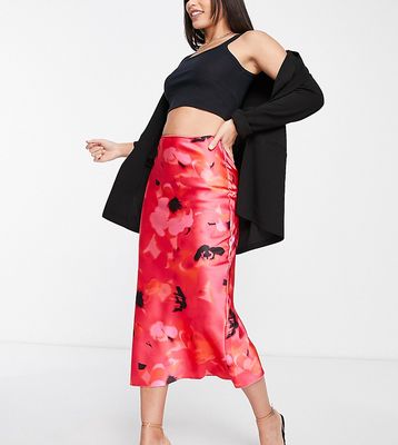 ASOS DESIGN Tall satin bias midi skirt in pink abstract floral print