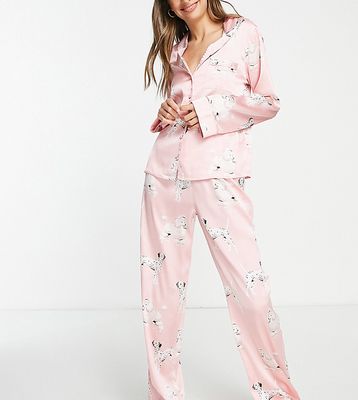 ASOS DESIGN Tall satin dog print shirt & pants pyjama set in pink