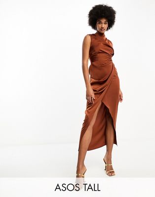 ASOS DESIGN Tall satin drape dress with wrap skirt in chocolate-Red