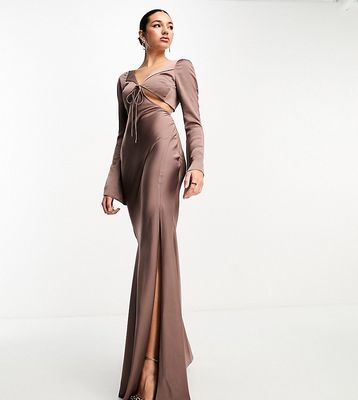 ASOS DESIGN Tall satin flare sleeve cut out maxi dress in mocha-Brown