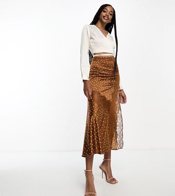 ASOS DESIGN Tall satin midi slip skirt with lace inserts in rust polka dot-Brown