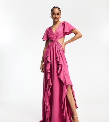 ASOS DESIGN Tall satin ruffle flutter sleeve maxi dress with cut out waist in berry pink