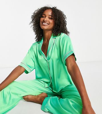 ASOS DESIGN Tall satin shirt & pants pajama set with contrast piping in green