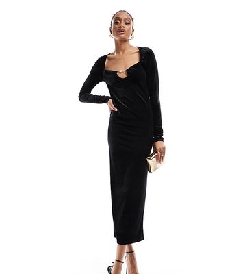 ASOS DESIGN Tall scoop velvet midi dress with pearl strap in black