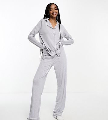ASOS DESIGN Tall soft jersey long sleeve shirt & pants pajama set with contrast piping in gray heather