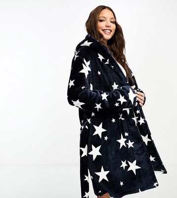 ASOS DESIGN Tall super soft star fleece mini robe in dark blue