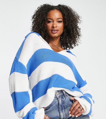 ASOS DESIGN Tall sweater with open collar in textured blue stripe